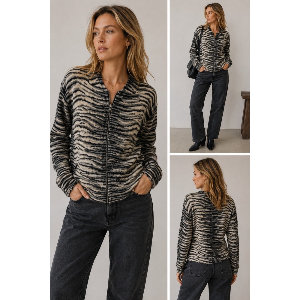 Equipment Cardigan Zip Up Knit Zebra Animal Print Wool Pockets XS Soft NWOT